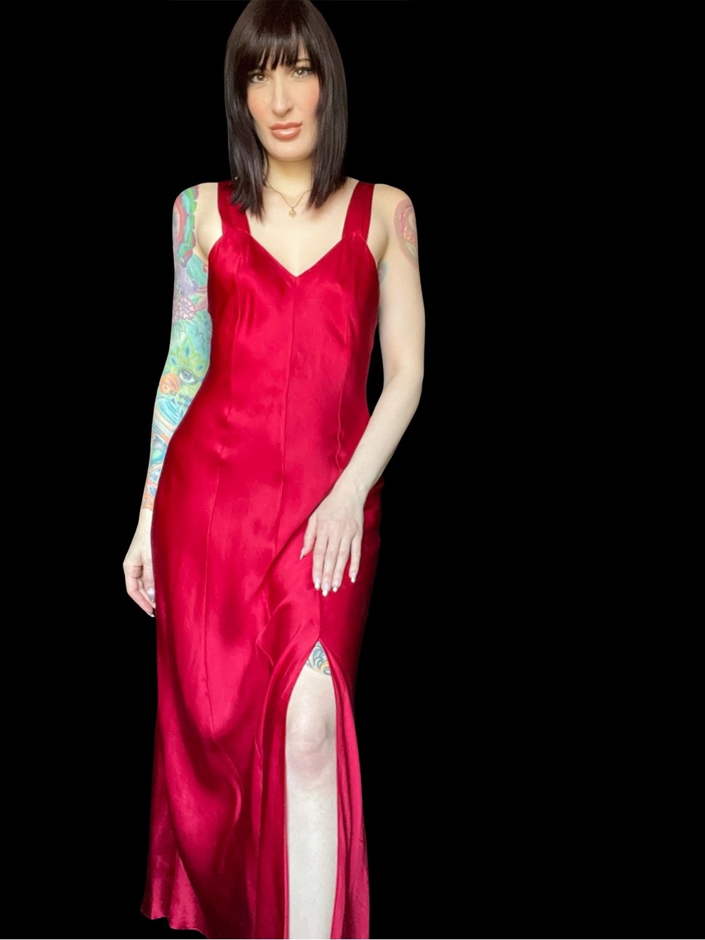 Lord & Taylor Red Satin Maxi Slip Dress with Side Slit